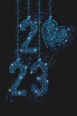 Abstract isolated blue image of new year number 2023. Polygonal low poly wireframe illustration looks like stars in the blask night sky in spase or flying glass shards. Digital web, internet design. © Katsiaryna