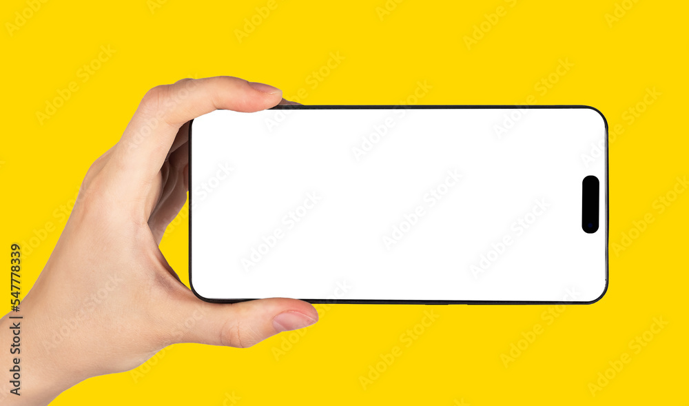 Poster phone screen mockup in hand with horizontal orientation for video