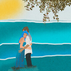 Przytulona para chłopak i dziewczyna w uścisku stojący w płytkiej wodzie. - obrazy, fototapety, plakaty