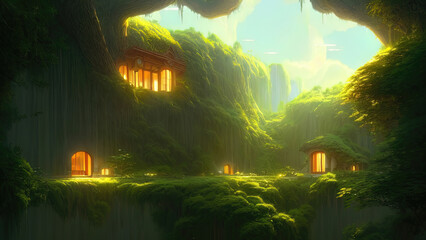 Fantasy tree house, abstract fantasy landscape, trees, grass, capsule house. 