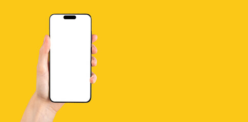 Phone mock up frame in hand on yellow ad banner, promo background for app ads