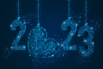 Abstract isolated blue image of new year number 2023. Polygonal low poly wireframe illustration looks like stars in the blask night sky in spase or flying glass shards. Digital web, internet design. © Katsiaryna