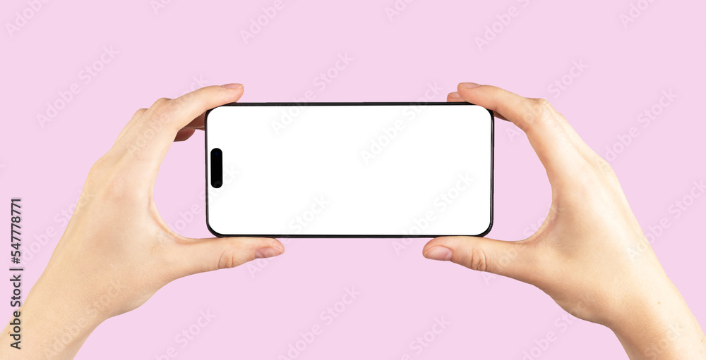 Poster mobile phone mockup, horizontal screen display mock up in hands, pov on pink