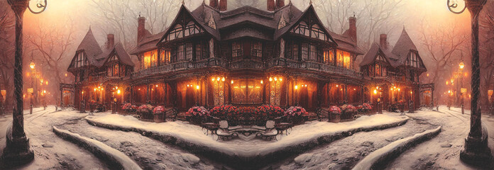 A fabulous winter town with old streets and Victorian style houses. Winter streets, lanterns, December. Winter festive Christmas decorations of the city. Card.