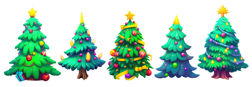 Cute cartoon christmas trees in a row decorated with corolful balls, lights and ribbons isolated on white background, set of digital illustrations