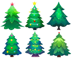 Set of christmas trees decorated with balls isolated on white background. Digital illustration