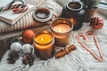 Obraz na płótnie Canvas Burning candles in Christmas home interior, atmospheric cozy photo