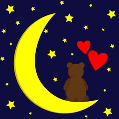 Obraz na płótnie Canvas Illustration of a bear cub sitting on the moon and holding a heart in its paw, looking at the stars