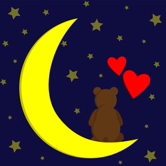 Illustration of a bear cub sitting on the moon and holding a heart in its paw, looking at the stars