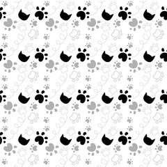 Vector pattern with cat footprints. Black and white paw. Background for fabric, wallpaper, design. Children's illustration.
