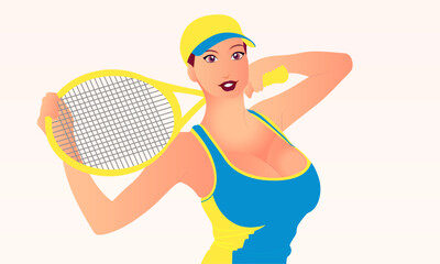 Attractive young tennis woman in creamy background, retro style, female tennis player, athletic body, colorful sportswear, tennis racket, energetic pose, 80s aesthetic, pop art style