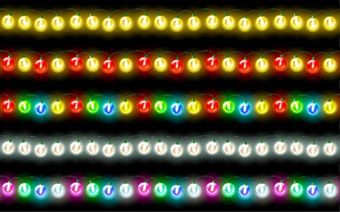 Fototapeta premium Set of colorful garland, festive decorations. Glowing christmas lights on dark background