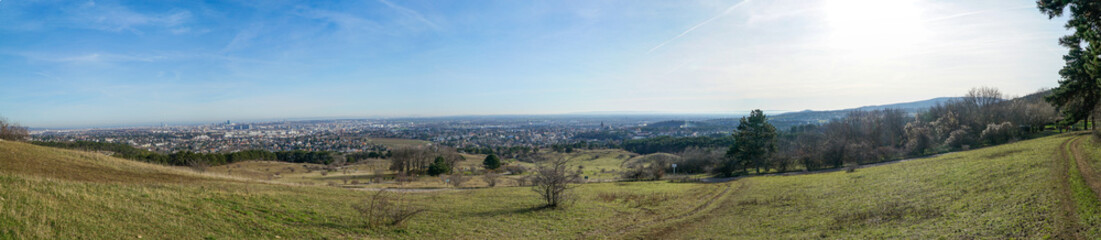 Fototapeta premium Panoramic view to vienna, capitol city of austria. wide aerial view. space for copy text