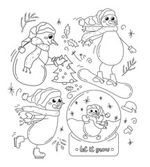 Black and white doodle snowmen set with a snow globe, Christmas tree, fir branches and mistletoe. Set of hand-drawn snowmen doodles for coloring. Hipster abstract doodles with funny creatures