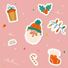 Retro stickers for Christmas and winter holidays with Santa Claus and cute elements, vector illustration