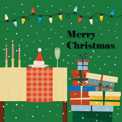 Merry Christmas greeting card with gifts and garlands