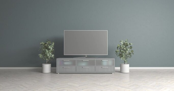 White interior. Transition to color. Minimalistic living room interior. 
Large TV on the background of the wall. 3d render