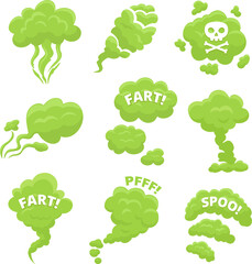 Flat vector illustration collection of stinky clouds with skull, pfff, fart, spoo text, toxic trail vapour, chemicals smoke. Funny toxic cartoon clouds set. Vector design elements isolated on white.