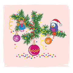 christmas vector composition with decorated fir branch, christmas colorful balls on a branch, christmas angel with wings, cute bird in red santa claus hat