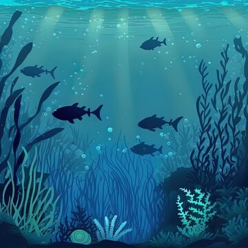 Under the sea background. Marine Life Landscape. Ocean underwater world. Ocean nature inhabitants. Silhouette ocean bottom. Marine underwater life. Sea, seascape, seafloor, undersea background. 2d