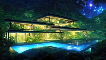 Obraz premium Large modern mansion, architecture house with a swimming pool, night neon lighting of the building. House in the rainforest in the mountains. Night landscape.