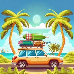 Road trip by car at summer vacation, holidays travel in tropical landscape on automobile with bags on roof driving along highway with palm trees by sides. Family camping, cartoon 2d illustrated