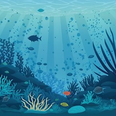 Under the sea background. Marine Life Landscape. Ocean underwater world. Ocean nature inhabitants. Silhouette ocean bottom. Marine underwater life. Sea, seascape, seafloor, undersea background. 2d