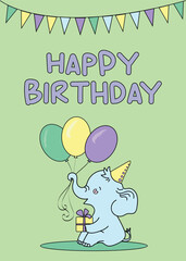 Happy birthday card with elephant for kids green