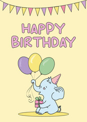 Happy birthday card with elephant for kids yellow