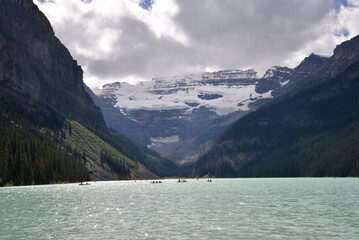 Beautiful summer views of iconic Lake Louise in Banff National Park in the Rocky Mountains of Alberta Canada