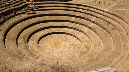 Moray circular andenes ancient inca ruins, Maras, Peru