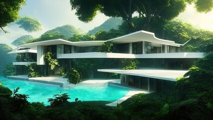 Forest landscape and white modern house. A modern white house with a swimming pool in a tropical forest in the mountains. Fantasy landscape, forest, sunlight, recreation area.
