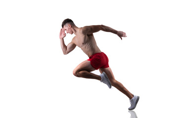 run the sport concept. man athlete run and training sport in studio. man athlete run full length.