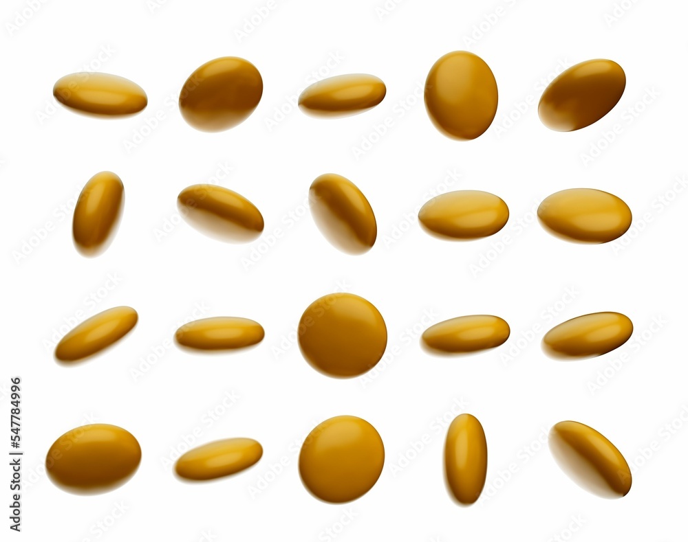 Sticker Digital 3D render of gold decorative candy drops isolated on a white background