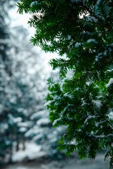 Closeup of green pine tree branches covered by snow