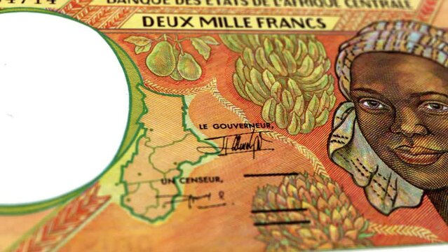 Central African Republic Central African CFA Franc 2000 Banknotes, Two thousand Central African CFA Franc, Close-up and macro view of the Central African CFA Franc, Tracking and Dolly Shots 2000