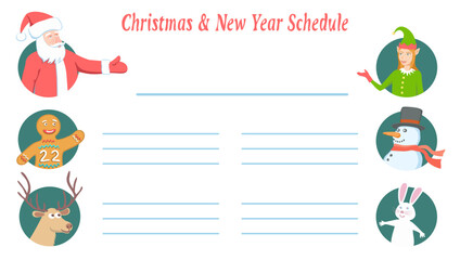Stylized Christmas Characters in Timetable or Menu. Schedule for New Year Holidays.