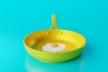 Yellow frying pan with a fried egg on a blue background. The concept of preparing a dish with egg, frying an egg in a pan. 3d render, 3d