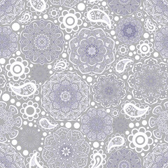 Seamless floral pattern, hand drawn, vector. White ornament with blue outline, boho style, grey background.
