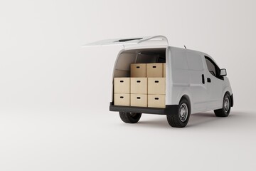 Commercial delivery white van with cardboard boxes on white background. Delivery order service company transportation box business background with van truck. 3d rendering, 3d illustration.