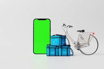 A phone with a blank display to be completed against the backdrop of bicycles and packages with food. Concept of ordering food online through apps. 3d render.