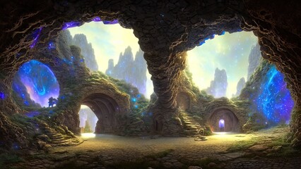 Fantasy galactic majestic portal, neon. An abstract passage, a door to an unreal world. Round stone arches. 3D illustration © MiaStendal
