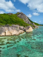 Fotobehang Anse Source D'Agent, La Digue eiland, Seychellen Drone view of Anse Source d'Argent beach, La Digue Island, Seyshelles' Drone view of Tropical Sunny beach and coconut palms on Seychelles. Summer vacation and tropical beach concept.