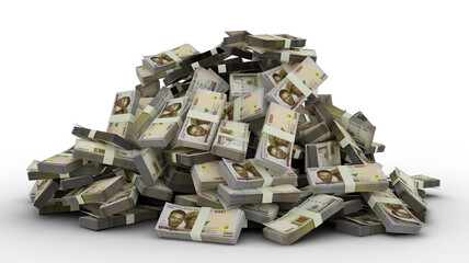 Big pile of Nigerian naira notes a lot of money isolated on transparent background. 3d rendering of bundles of cash