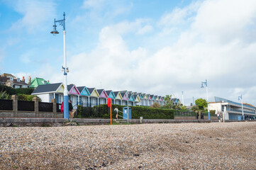 Colourful huts in seaside town of Weymouth in Dorset, United Kingdom, selective focus