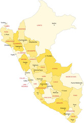Fototapeta premium Carte du Pérou avec les divisions territoriales administratives par régions et province de Lima et représentation des principales villes - Textes vectorisés et non vectorisés sur calques séparés