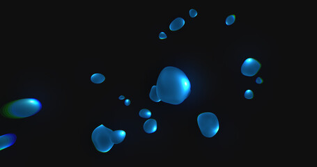 Abstract background with bright blue flying liquid bubbles glowing energy magic circles and balls drops