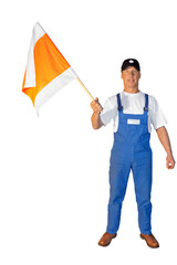 Craftsman series: Road worker waves signal flags.