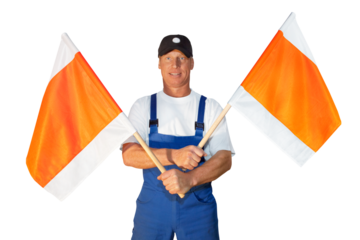 Craftsman series: Road worker waves signal flags.