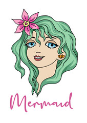 Hand drawing mermaid with pink flower. For t-shirt design, poster, banner and other design.
